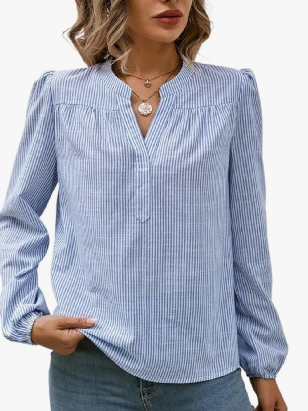 Women's Light Blue Pinstripe Long Sleeve Blouse